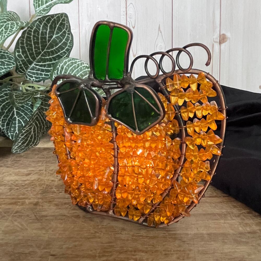 Stained Glass & Copper Beaded Wire Pumpkin Votive Holder Autumn Halloween Decor